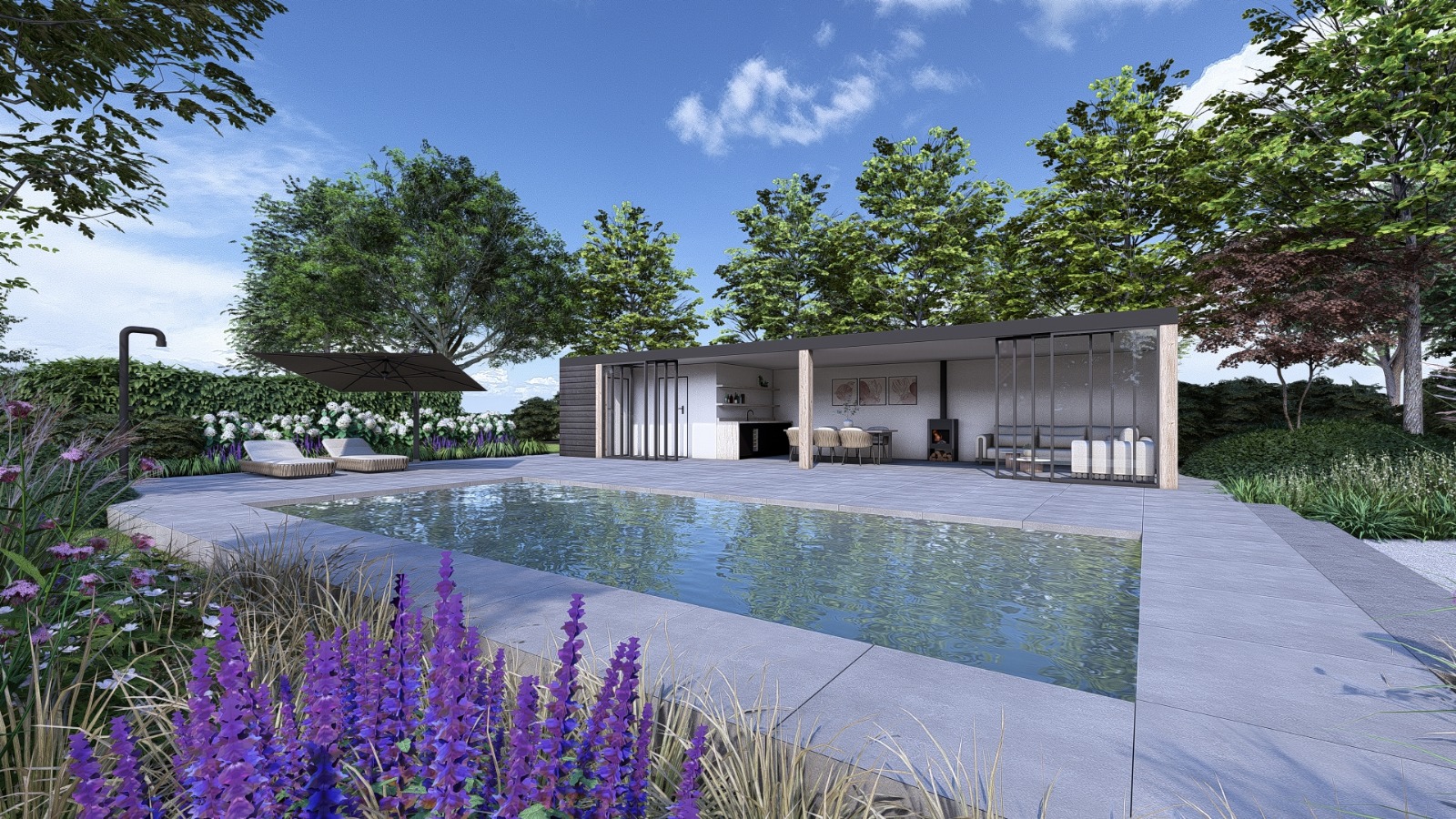 Ontwerpvisualisatie van een villatuin met zwembad en buitenverblijf in Dalen