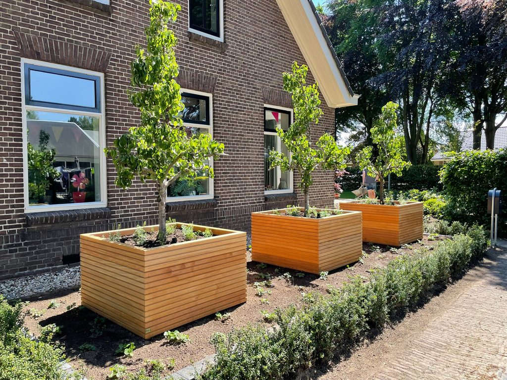 Maatwerk plantenbakken met sierperen in de voortuin in Dalen