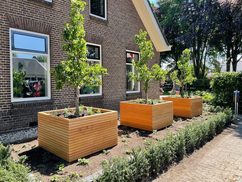 Drie maatwerk plantenbakken van ADEZZ met sierperen