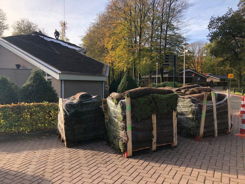 Aanvoer van sedummatten met een kraan bij Stichting OlmenEs