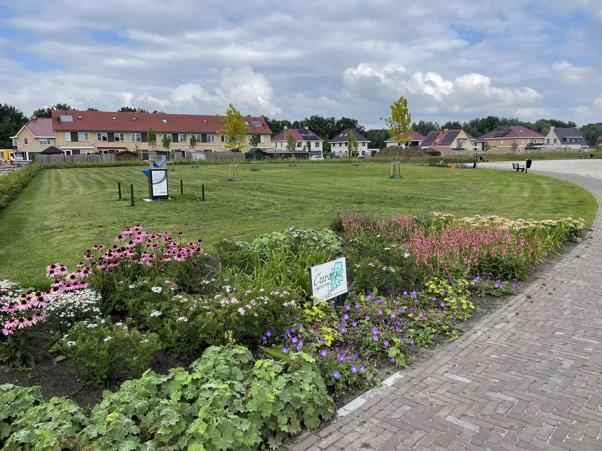 Door Curatio onderhouden groenvoorziening met gazon en bloeiende beplanting