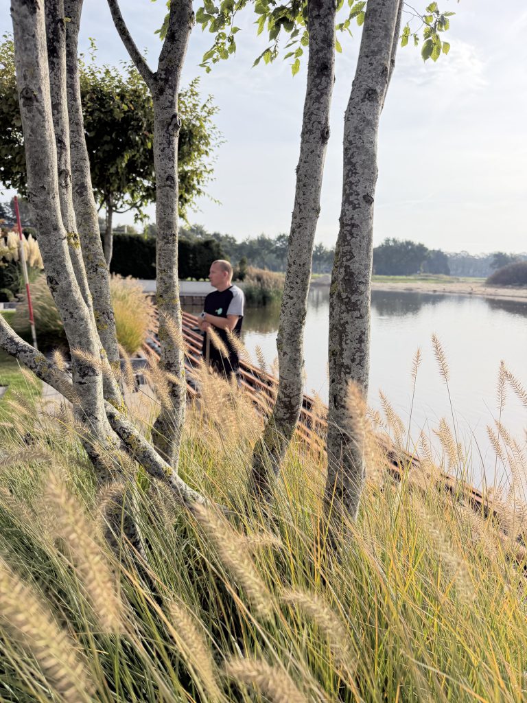 Aanleg van de vlonder tussen siergrassen en water